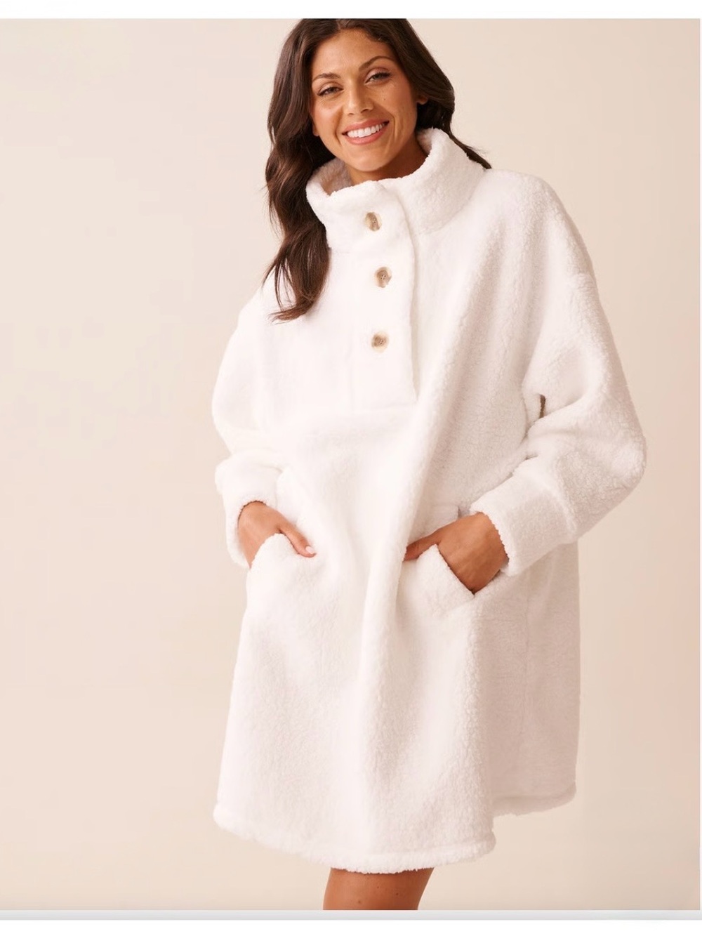 Women's White Sherpa Button-Neck Teddy Jacket